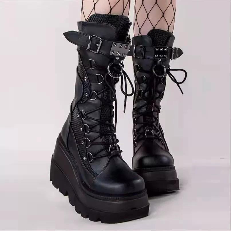 Women's Wedge Knight Plus Size Punk Handsome Platform Middle Women's Leather Boots