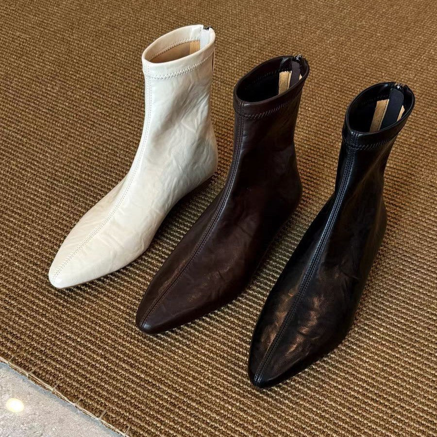 Women's French Style Temperament Korean Wedge Skinny Flat Women's Leather Boots