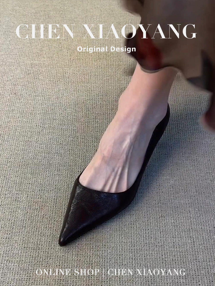 Women's Cowhide Version Black High Female Cat French Mid Professional Women's Shoes