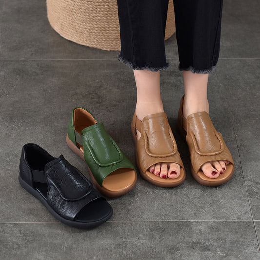 Women's Simple Genuine Summer Cowhide Hollow Open Toe Roman Style Elastic Flat Sandals