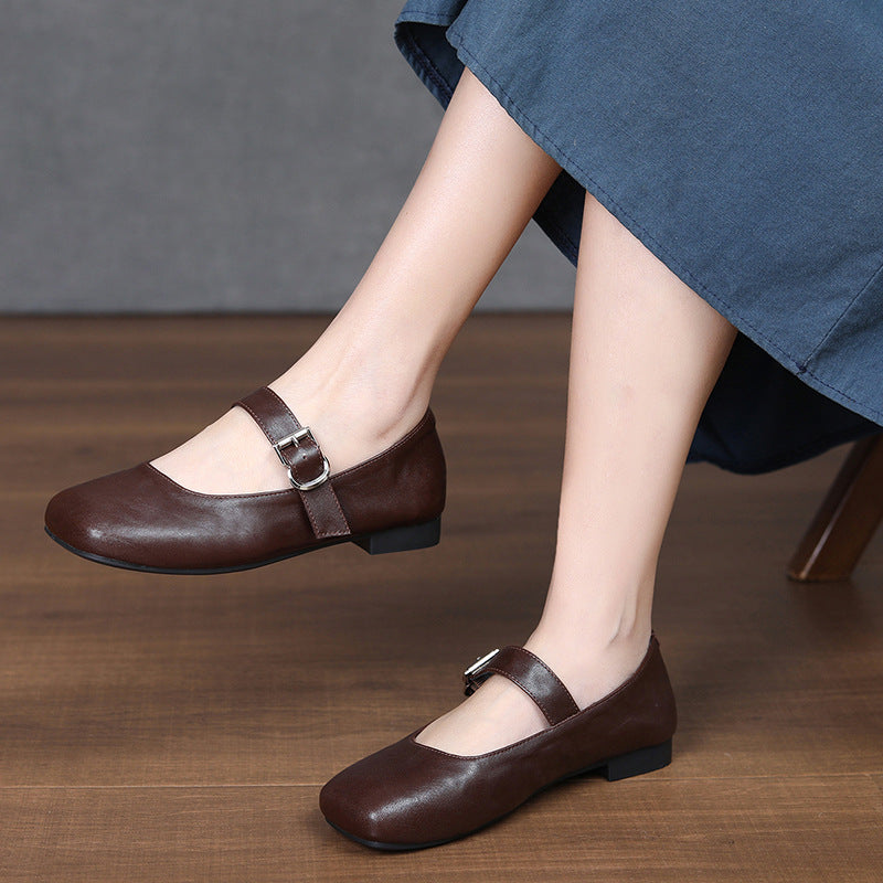 Authentic Square Toe Retro Flat French Style Temperament Commuting Women's Casual Shoes