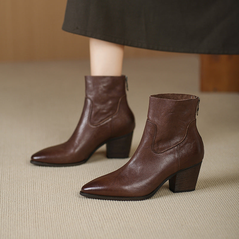 Women's French Retro Pointed Toe Mid Single Martin Ankle Women's Leather Boots