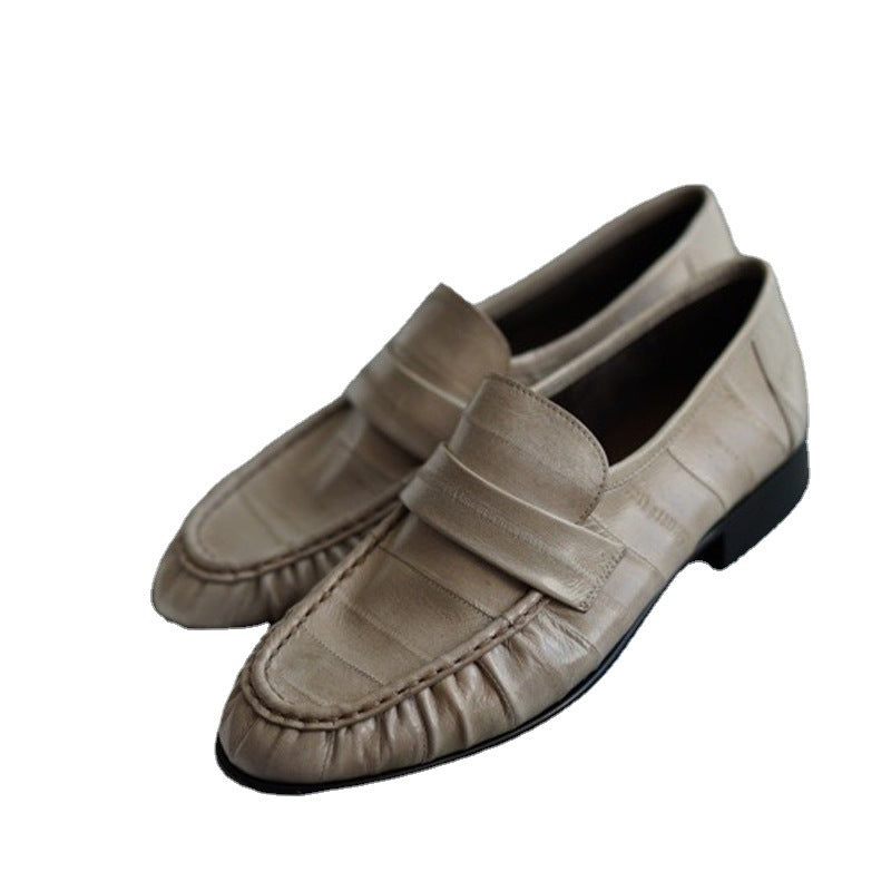 Women's Eel Skin Vintage Crumpled Low-cut Flat Pumps Commuter Small Loafers