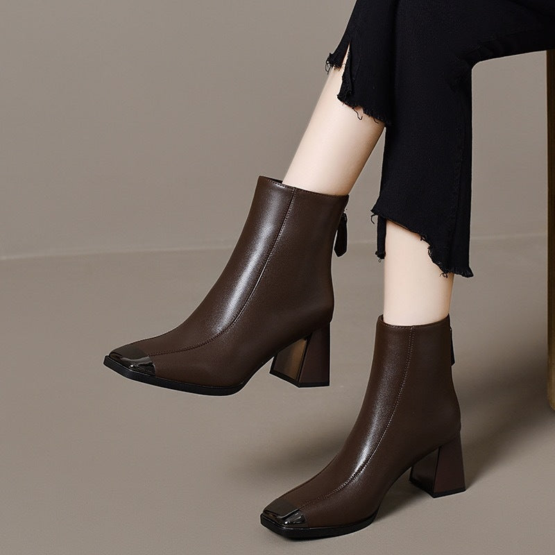Women's French Vintage Style Authentic Square Toe Chunky Women's Leather Boots