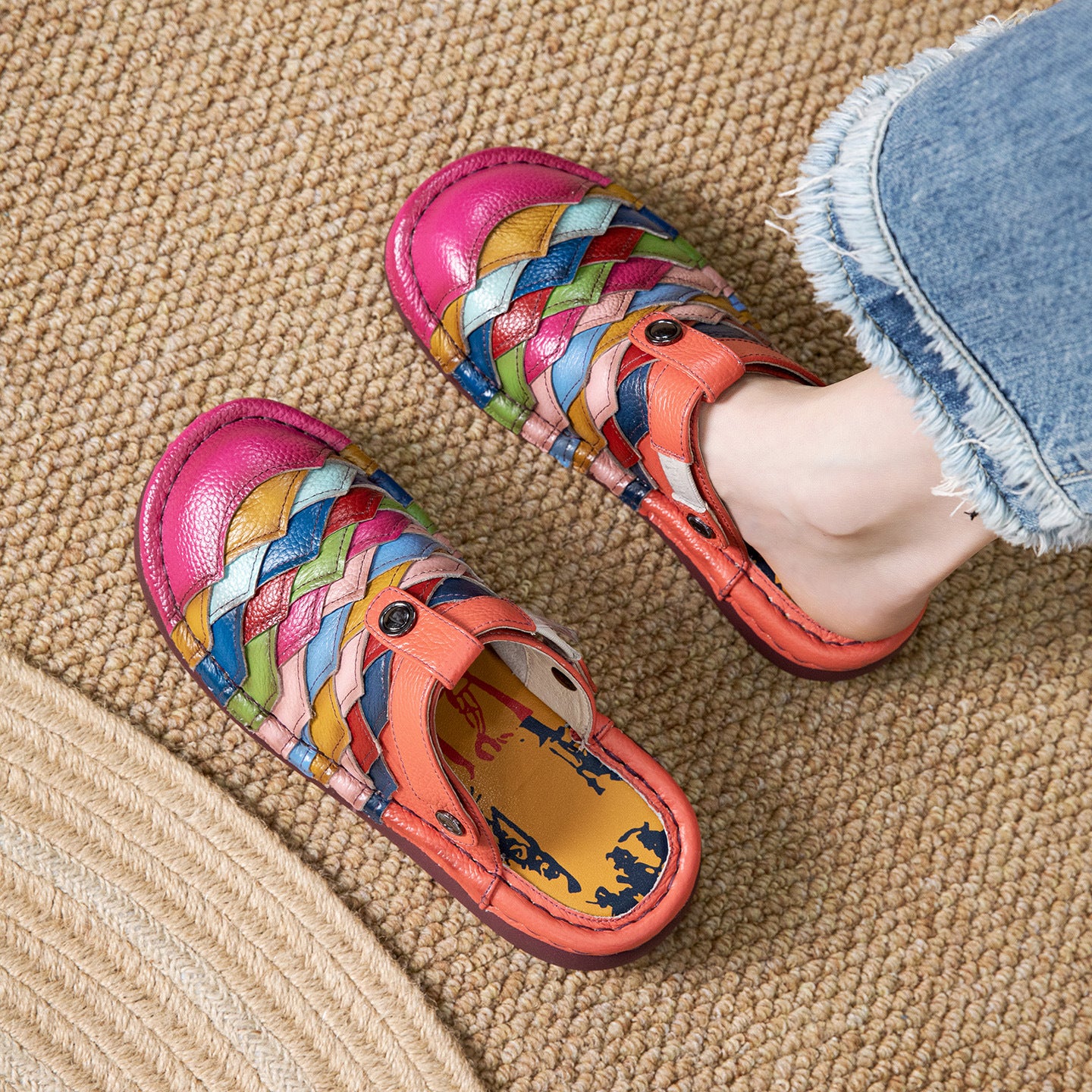 Women's Handmade Genuine Outer Wear Ethnic Style Rainbow Dual-purpose Toe Slippers