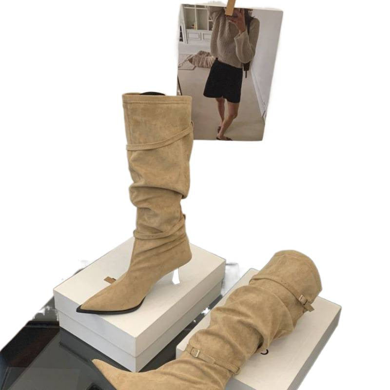 Pile Style Knight Pleated Retro Thin Black Women's Leather Boots