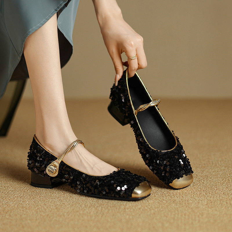 Women's Big Small Sequin Shallow Mouth Low Mary Women's Fashion Shoes