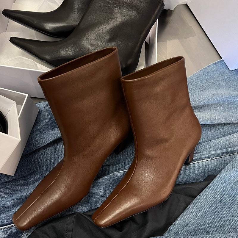 Women's Style Skinny Square Toe Stiletto Ankle Cat Women's Leather Boots