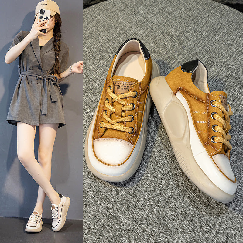 Women's Retro White First Layer Cowhide Platform Casual Shoes