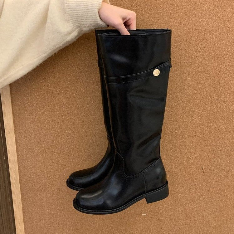 Soft Version Small Golden Button Thick Bottom High Boots