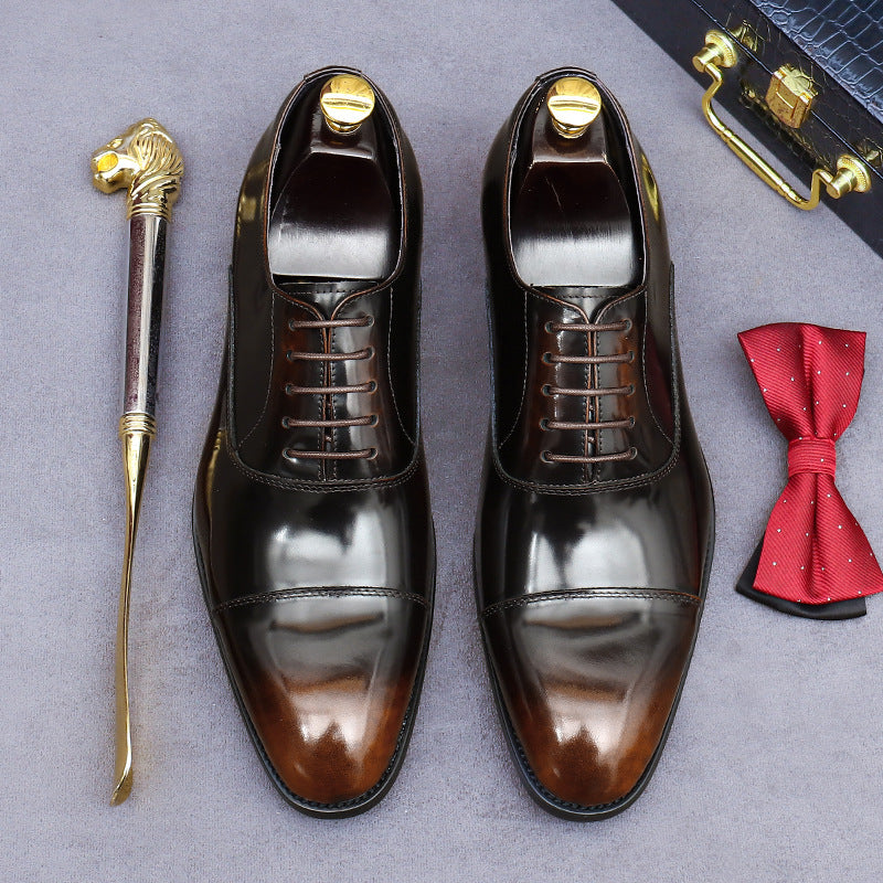 Men's European Style Handmade Genuine Glossy Three Leather Shoes
