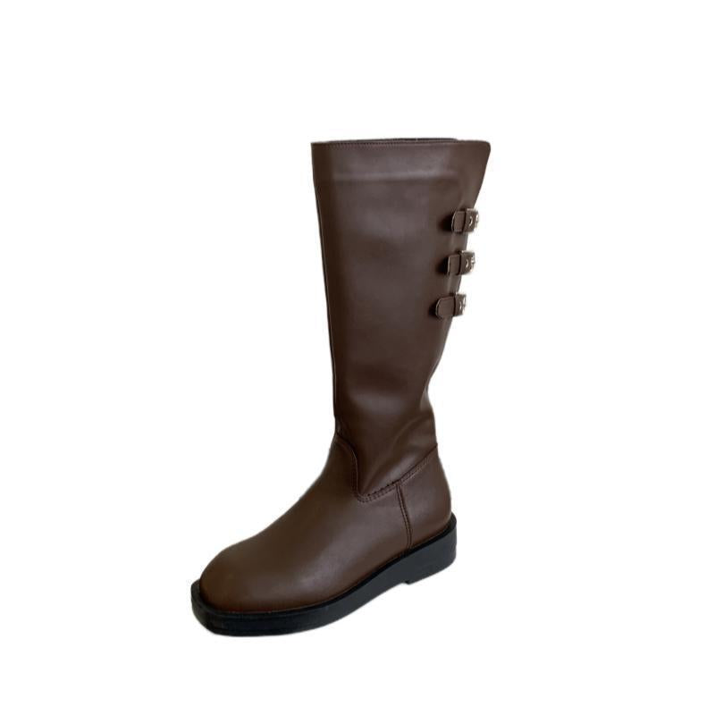 Women's Flat Bottom Small Chunky Tall Knight Women's Leather Boots