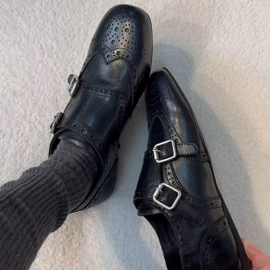 Women's Hair Vintage Brogue Carved Belt Buckle Square Toe British Loafers