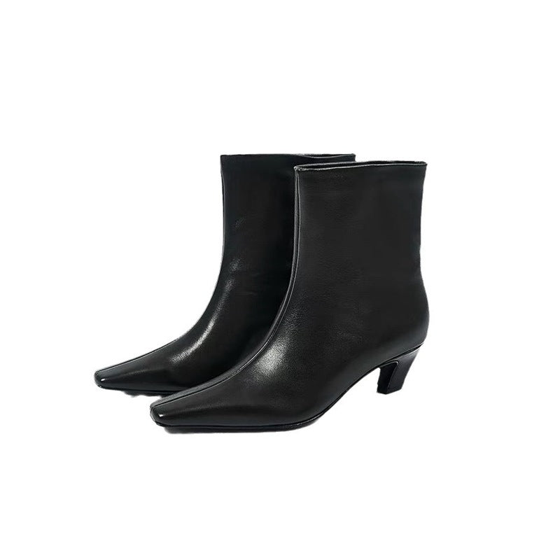 Women's Style Skinny Square Toe Stiletto Ankle Cat Women's Leather Boots