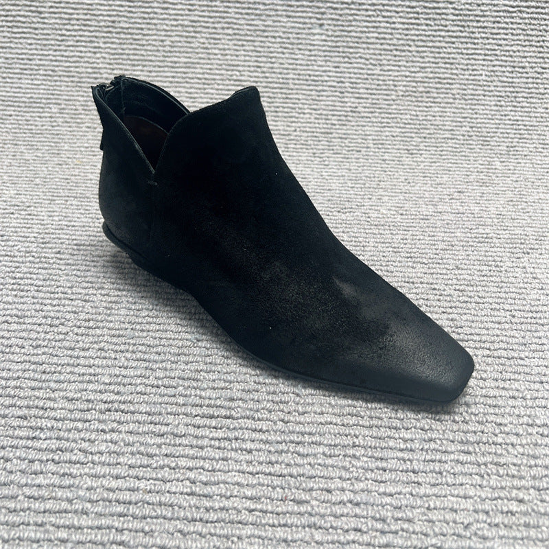 Square Toe Matte Retro Booties Niche Brushed Back Zipper Low Heels