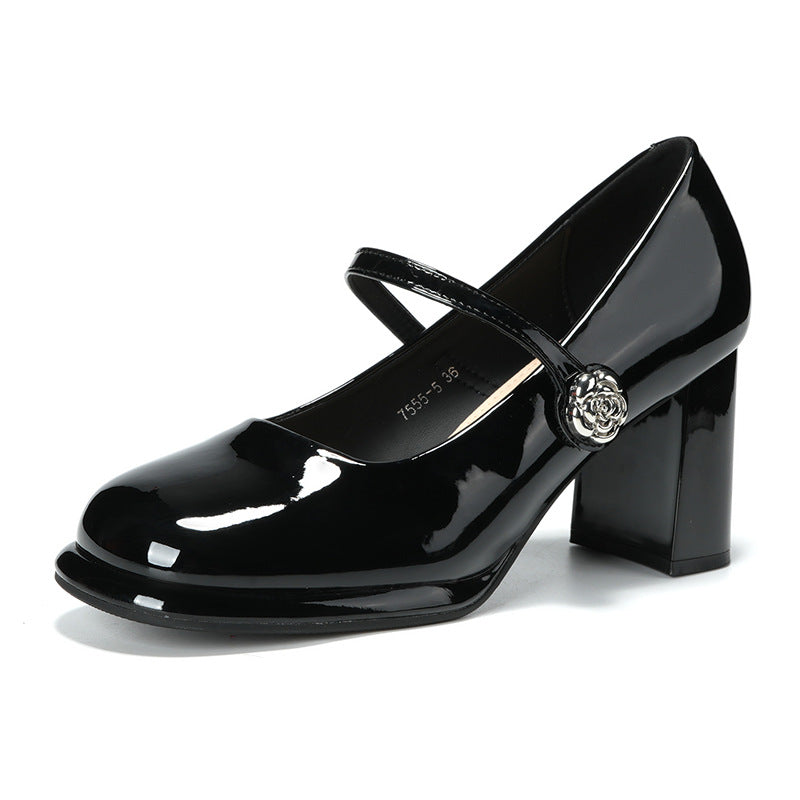 Rhinestone Square Buckle Word With Chunky Commuter Heels
