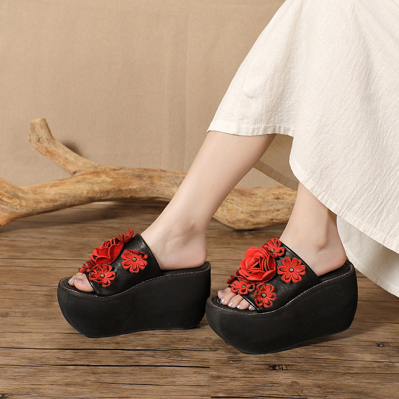 Women's Fur Washed Cowhide Hand-rub Color Genuine Thick-soles Slippers