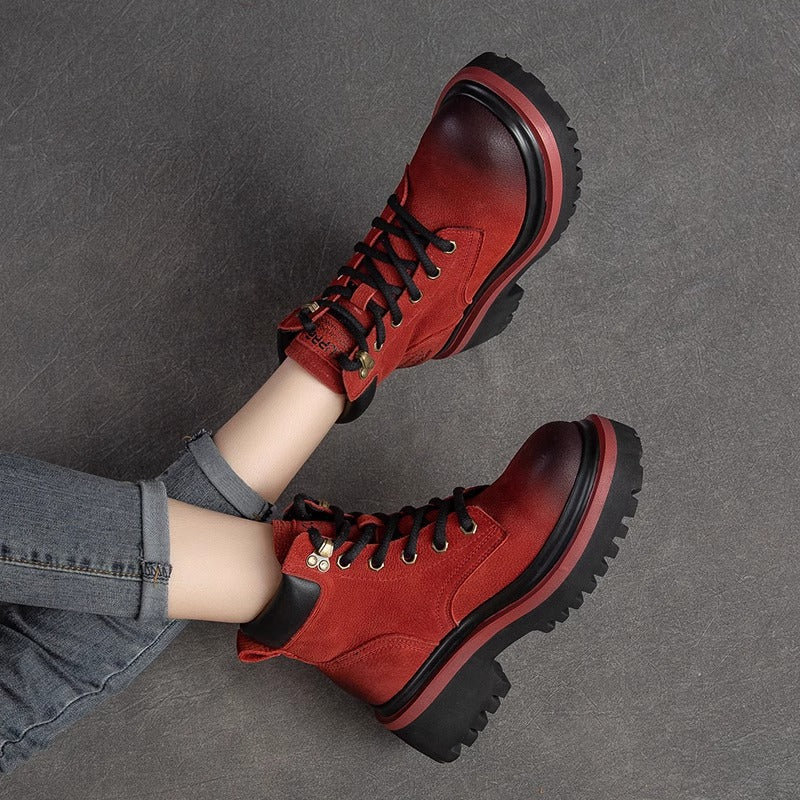 Women's Genuine Thick-soled British Style Martin Cowhide High Worker Vintage Fleece-lined Women's Leather Boots