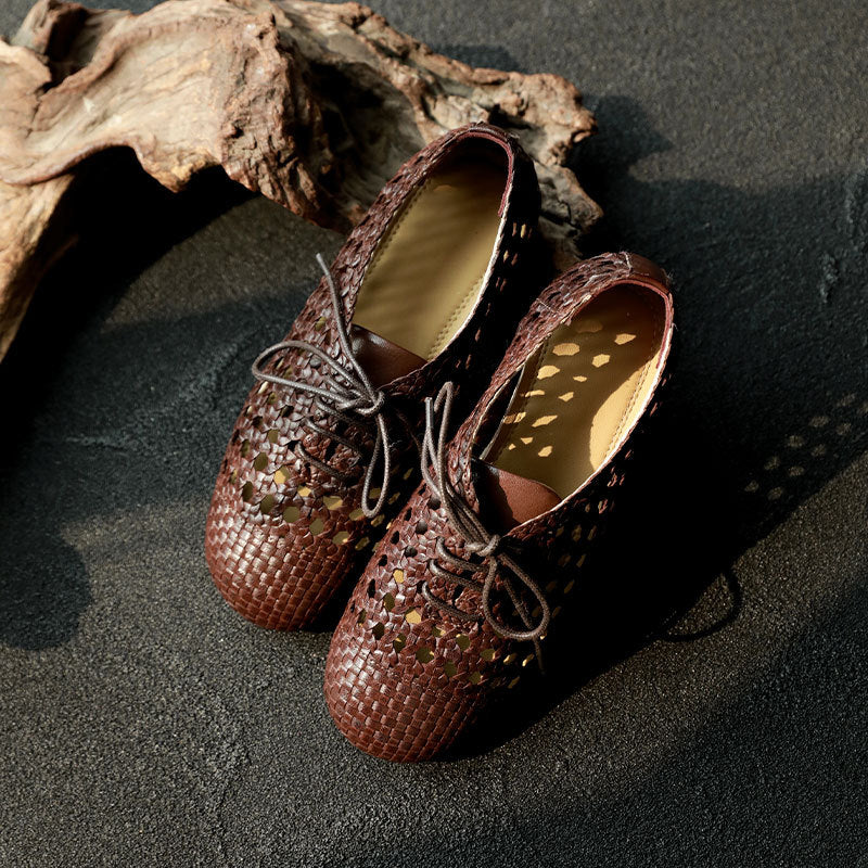 Women's Sheepskin Round Toe Hollow Out Woven Summer Flat Sandals