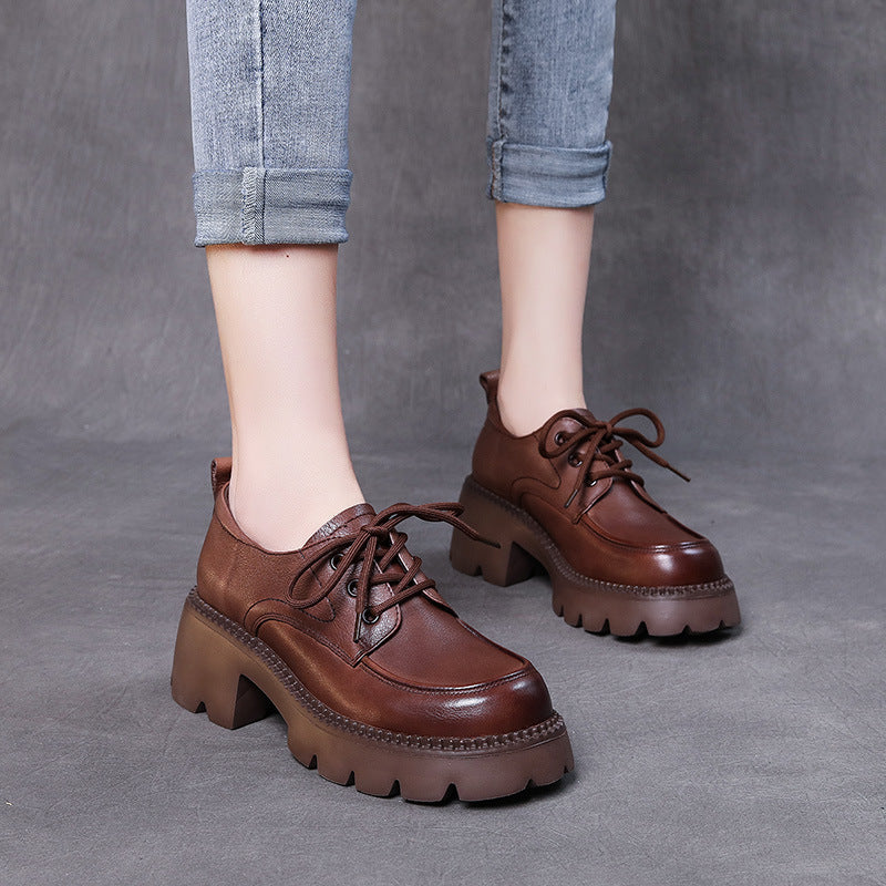 Women's Grain Cow Chunky Thick Bottom Four Pumps Loafers