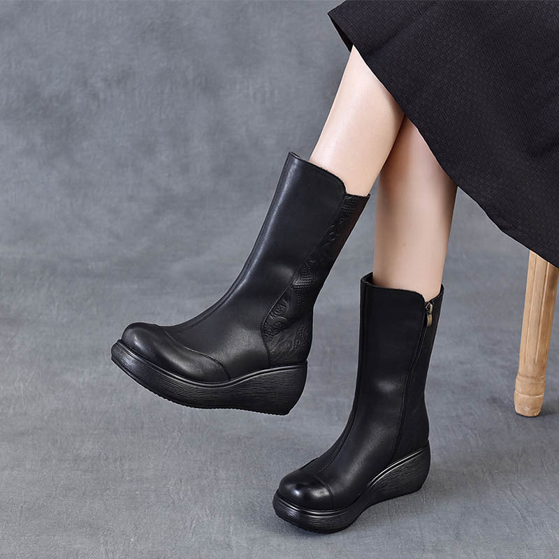Women's Middle Wedge Platform High-rise With First Layer Of Cowhide Soft Women's Leather Boots