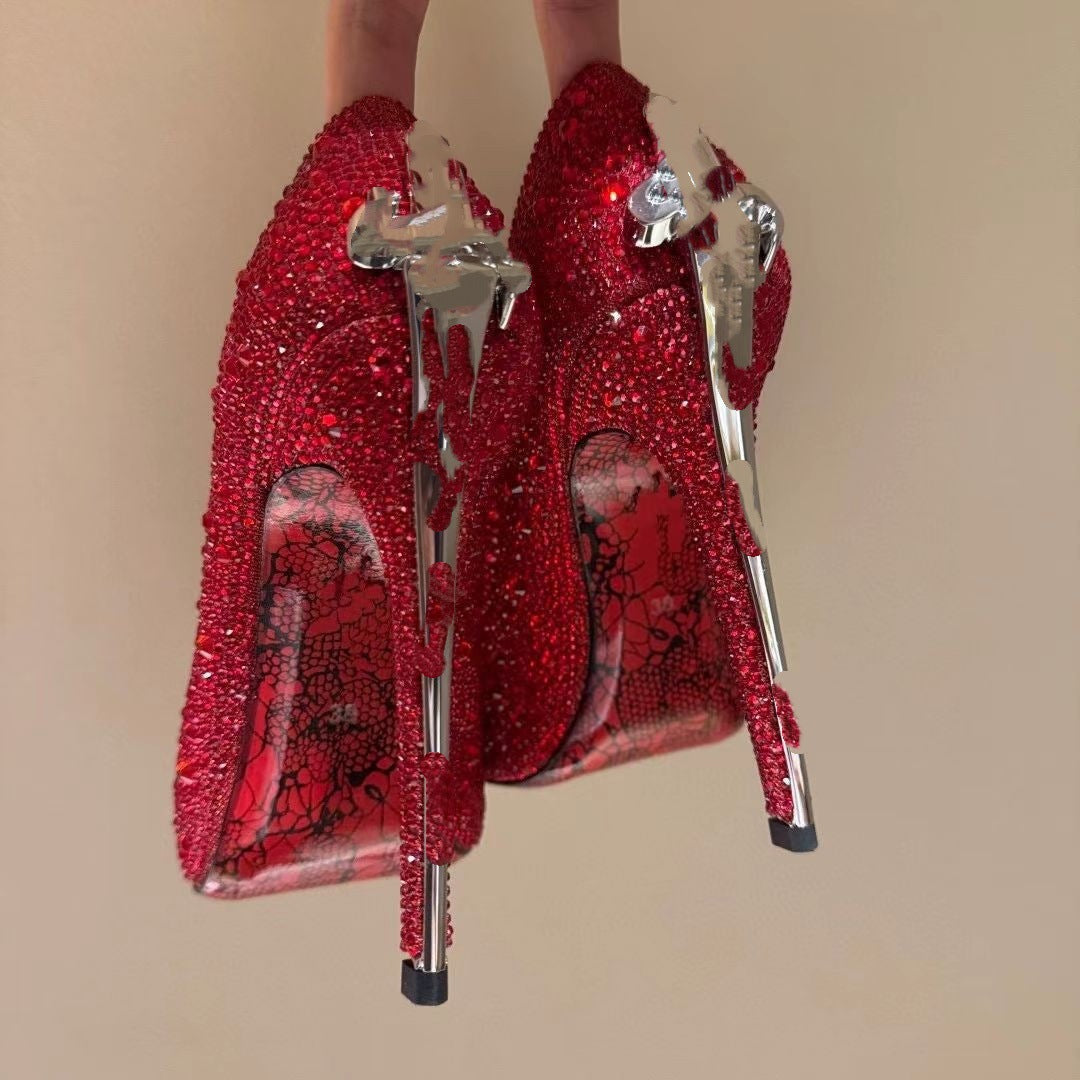 Large Size Gold Truncheon High Super Printed Red Bottom Pointed Women's Fashion Shoes