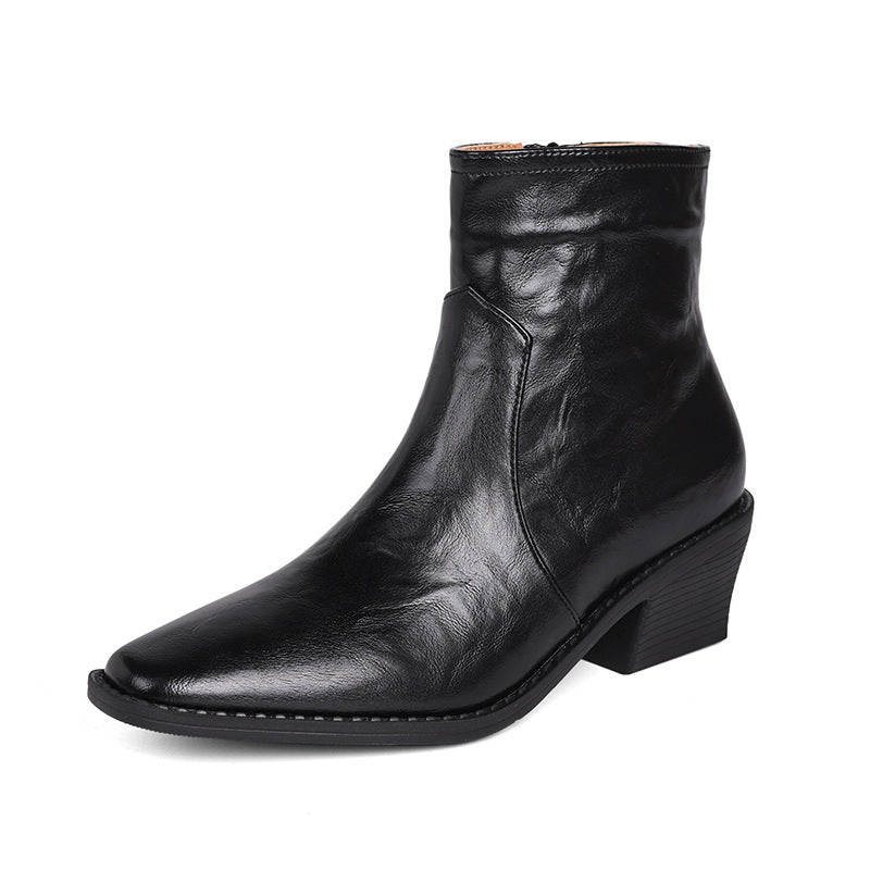 Women's Washed Cowhide Super Comfortable Short Thick Thin Square Toe Boots