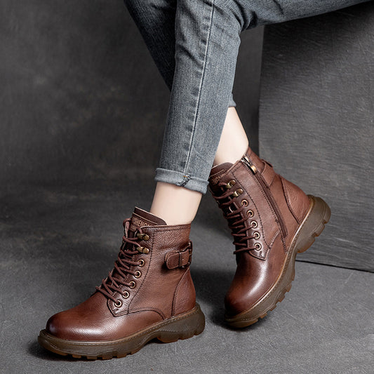 Women's Cowhide Platform Solid Color Belt Buckle Boots