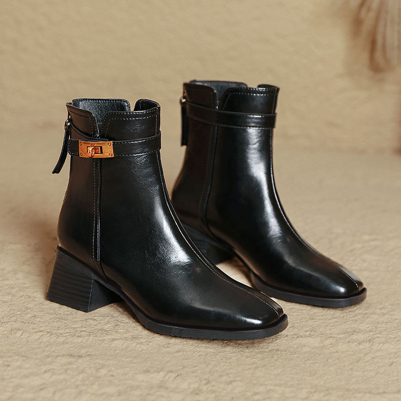 Women's Middle Tube Brown French Square Toe Boots