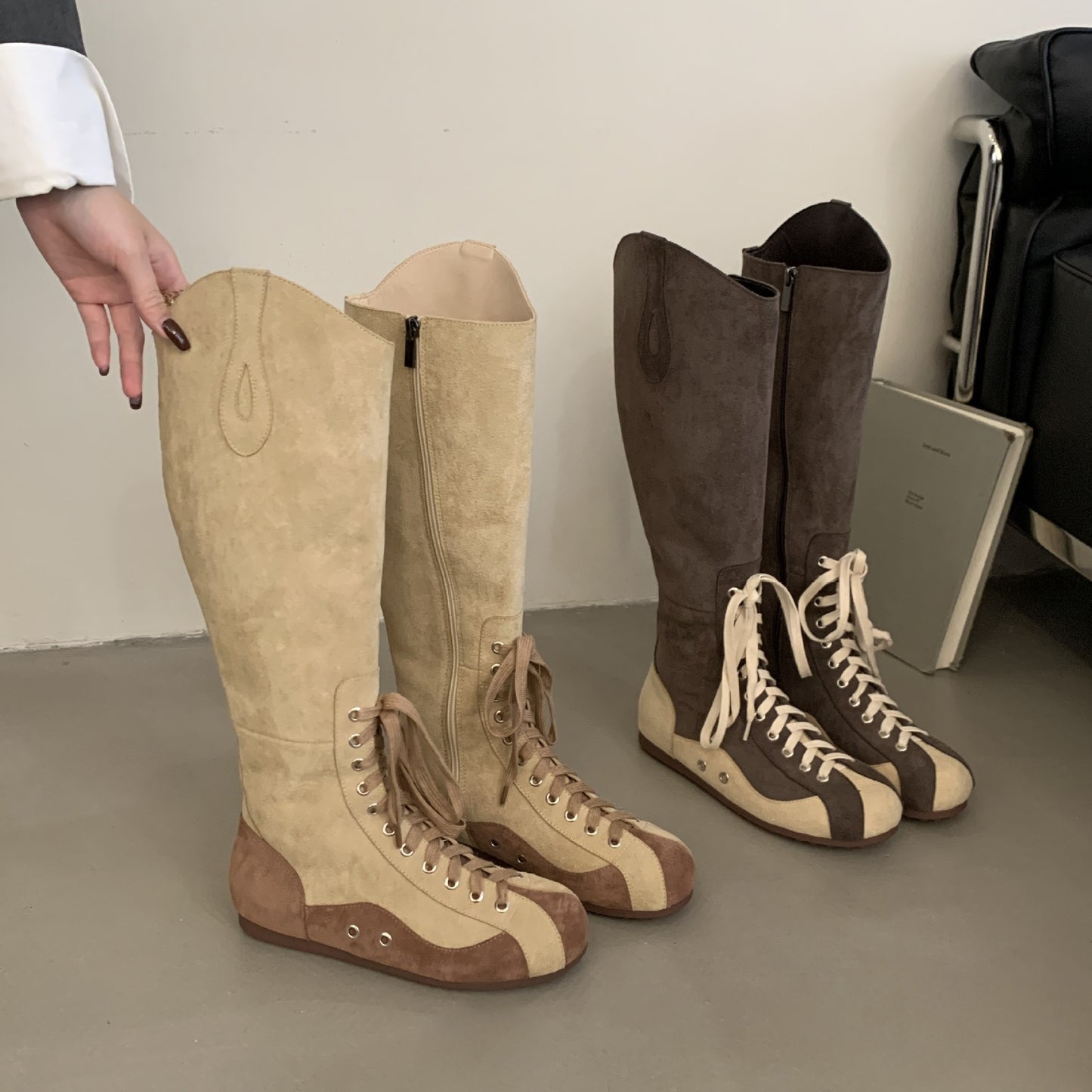 Female Color Matching Square Head Retro Strap Boots