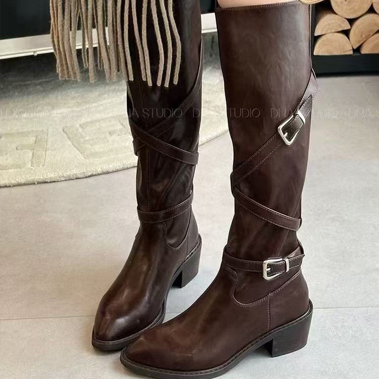 Leg Artifact Thick Bottom Cross Buckle Strap Below The Knee Women's Leather Boots