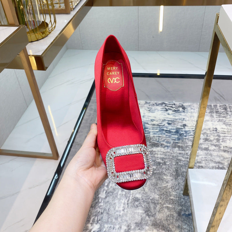Women's Wang High Stiletto Rhinestone Square Buckle Round Toe Pumps Red Heels
