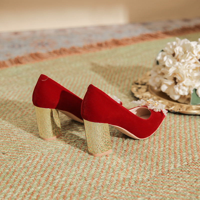 Chunky Pointed Toe Suede Red Wedding Bride Bridesmaid Women's Shoes