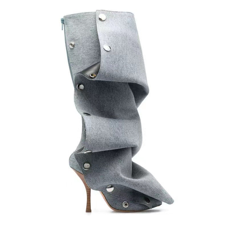 Women's High Metal Rivet Denim Stitching Two-way Pile Style Knee-length Large Women's Leather Boots