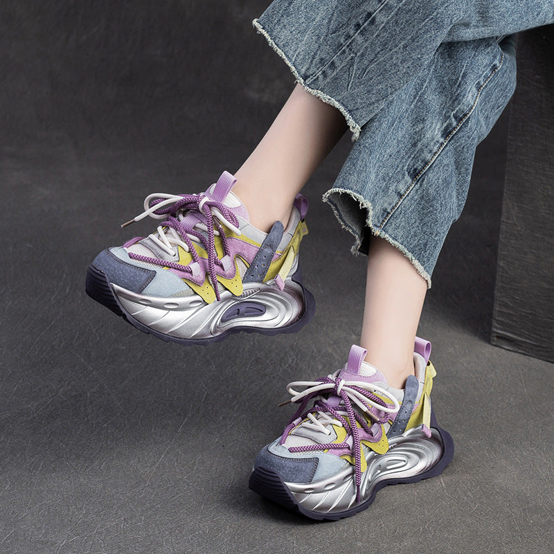 Women's Spring Color Matching Fashion Clunky Small Height Increasing Breathable Mesh Women's Shoes