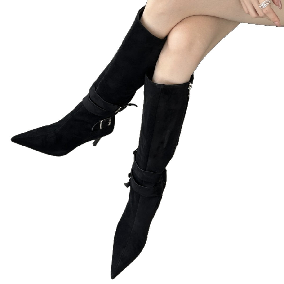 Slimming Suede Long Biker Brown Pointed Women's Leather Boots