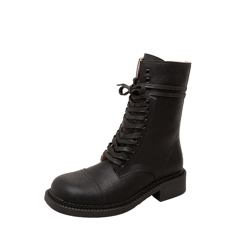 Motorcycle Fashionable Fine Belt Buckle Retro Chunky Tube Genuine Rider Women's Leather Boots
