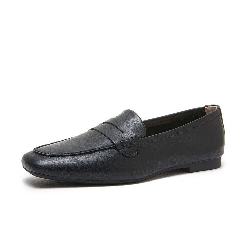 Women's Genuine Square Toe Soft Bottom Black Flat Loafers