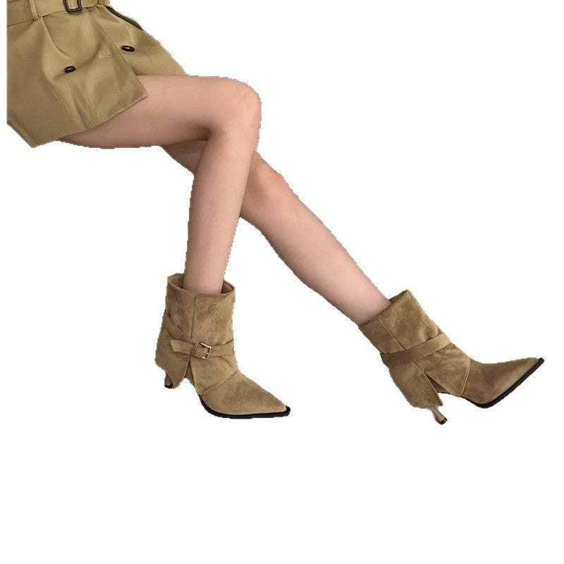 Women's Vintage Belt Buckle Pointed Toe For Stiletto French Style Suede Women's Leather Boots