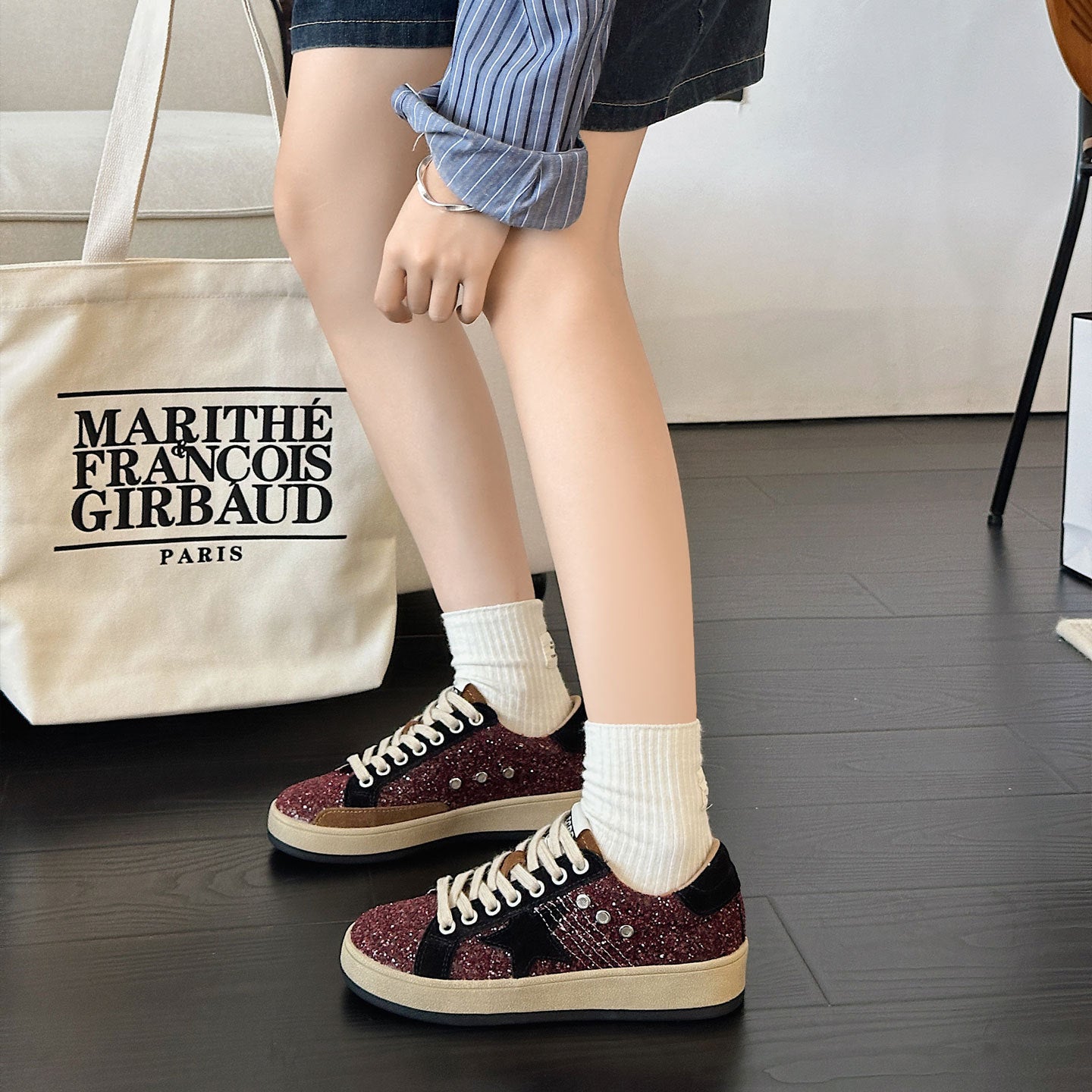 Women's Her Sequins Golden Goose Autumn Distressed Star Round Toe Women's Casual Shoes