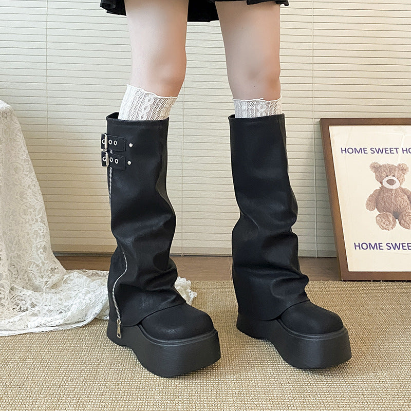 Women's Bottom Increased Autumn Muffin Pleated Pile Pants Pipe Small Boots