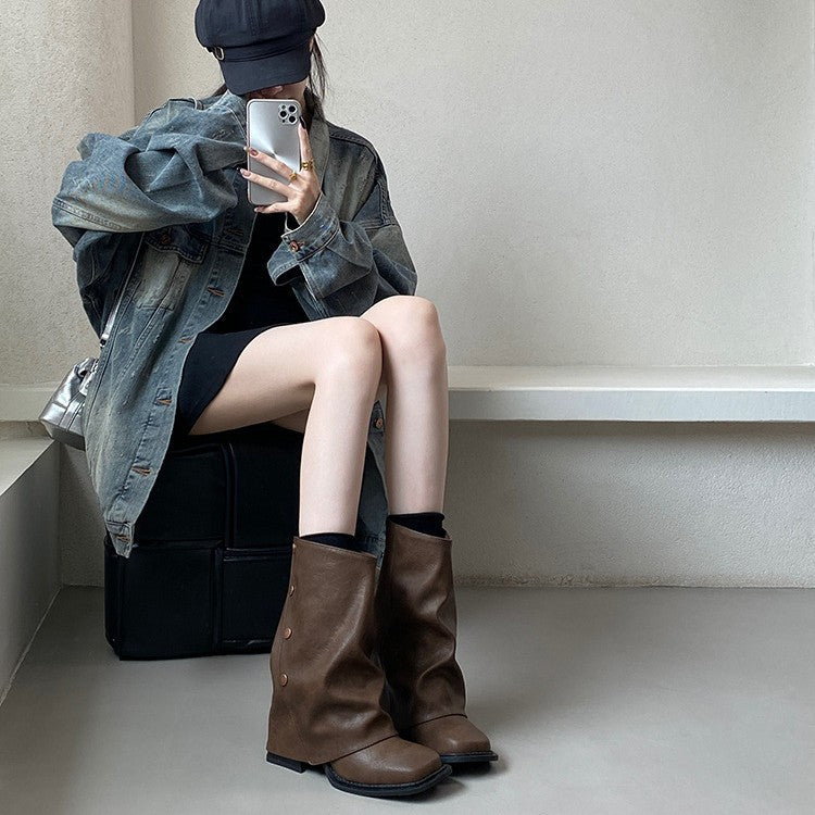Square Toe Chunky Short Female French Retro Bootie Western Suede Women's Leather Boots