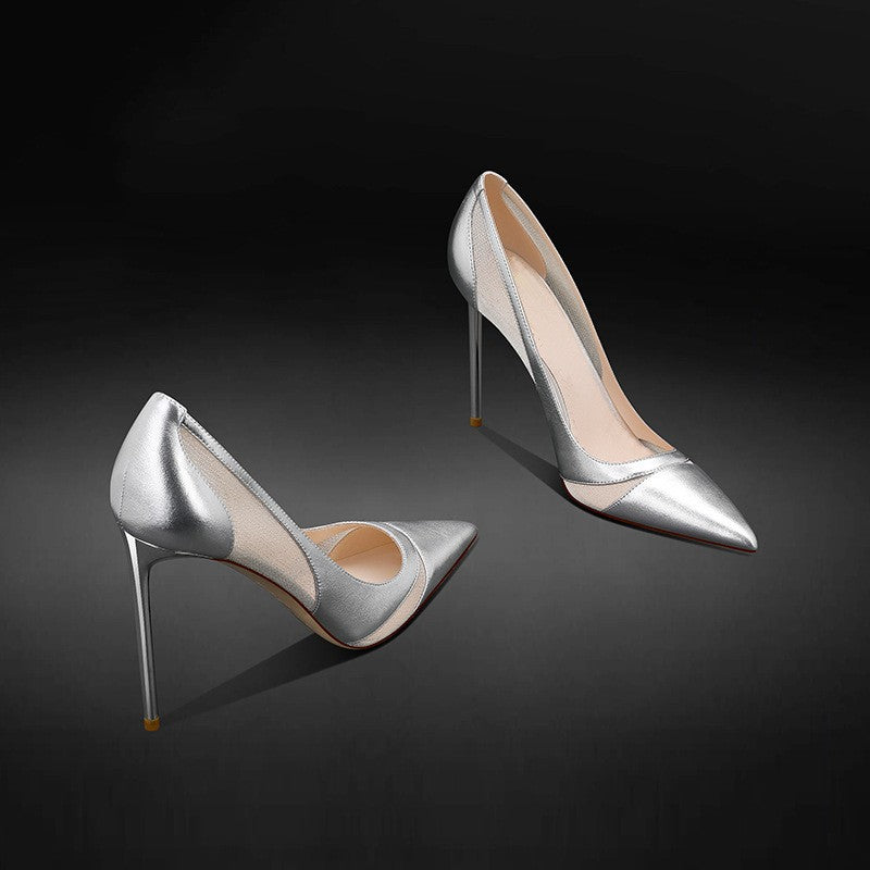 Women's Stitching Mesh Stiletto High Pointed Toe Low-cut Women's Fashion Shoes