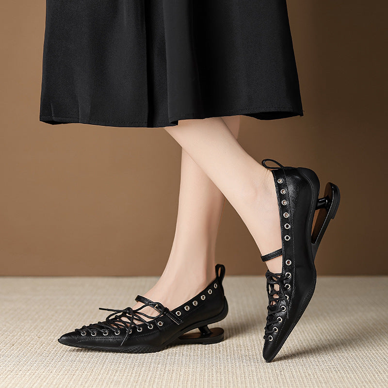 Women's Niche Pointed Toe Abnormal Shape High Strap Bow Mary Jane Women's Fashion Shoes