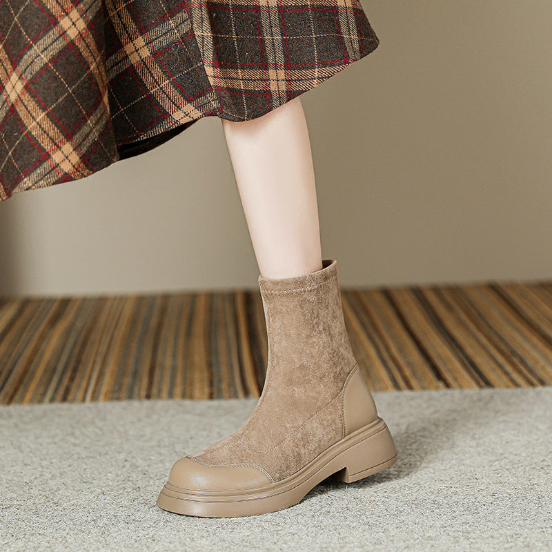 Women's Style Round Toe Suede Ankle Socks Thick Bottom Platform Stretch Women's Leather Boots