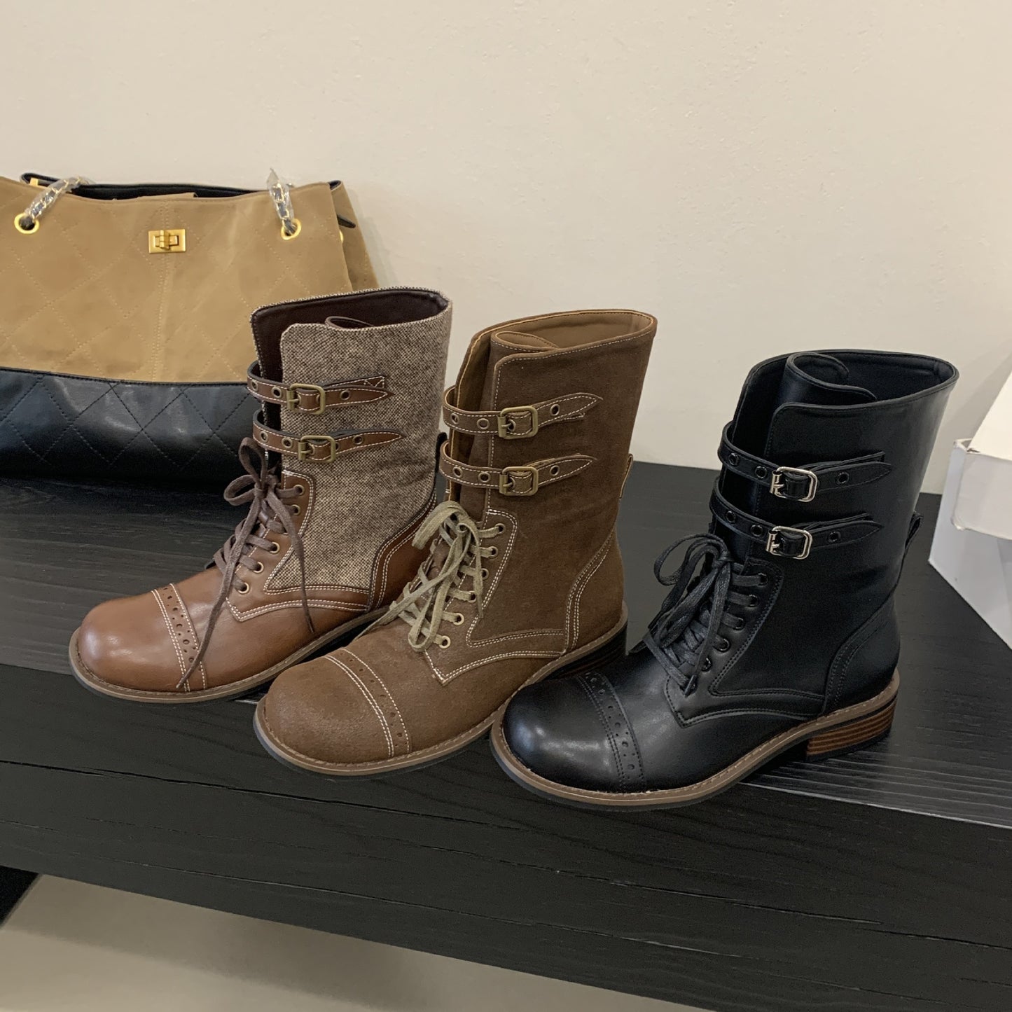 Fashionable Metal Buckle Knight Retro Color Women's Leather Boots