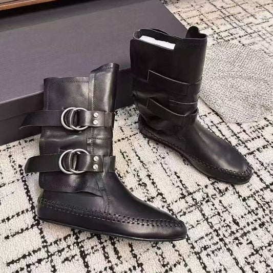Style Square Head Female Metal Buckle Retro Flat Bottom Women's Leather Boots