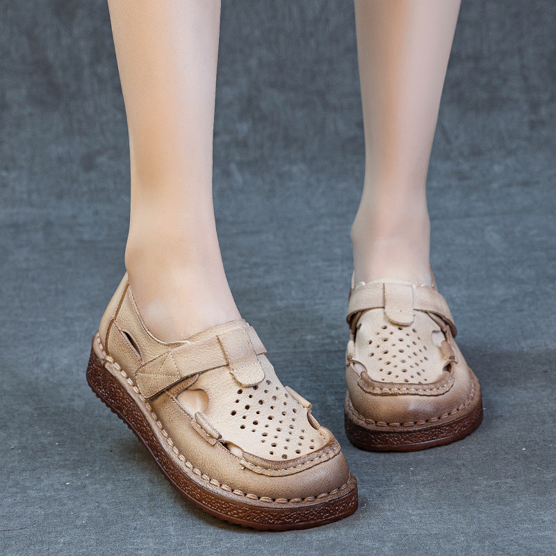 Women's Layer Cowhide Handmade Retro Punching Flat Sandals