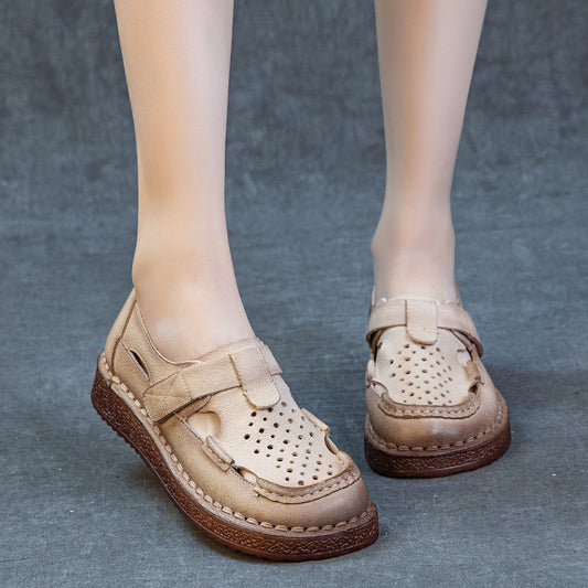 Women's Layer Cowhide Handmade Retro Punching Flat Sandals