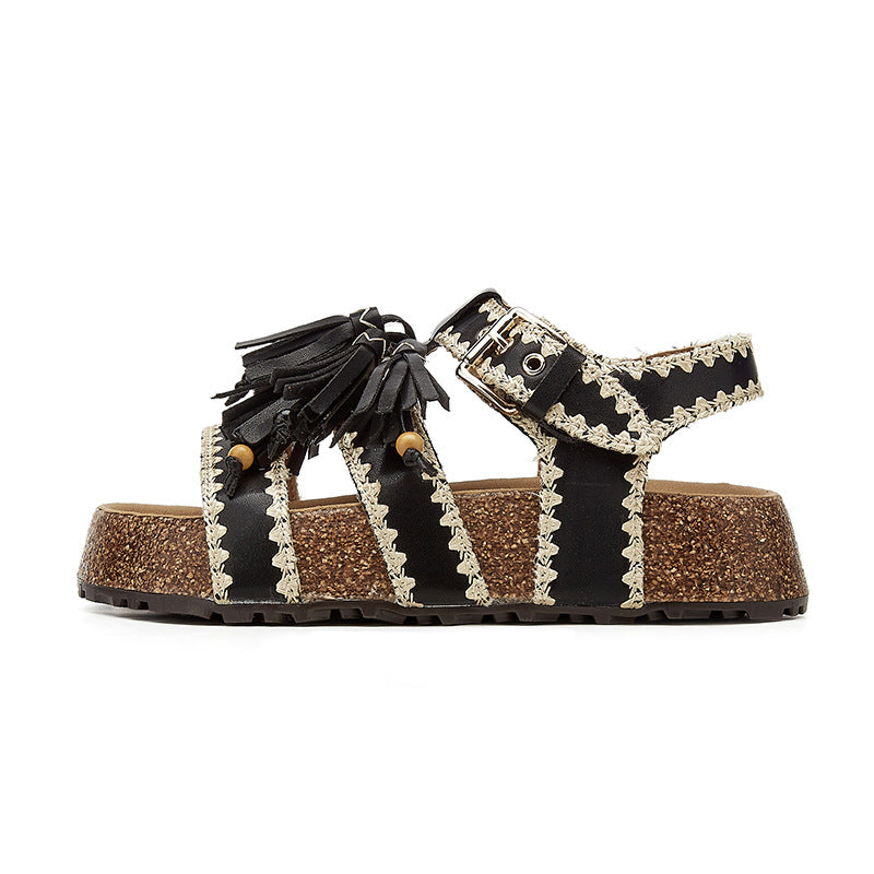 Platinum Summer Round Toe Korean National Style Tassel Roman Embroidered Platform Sandals